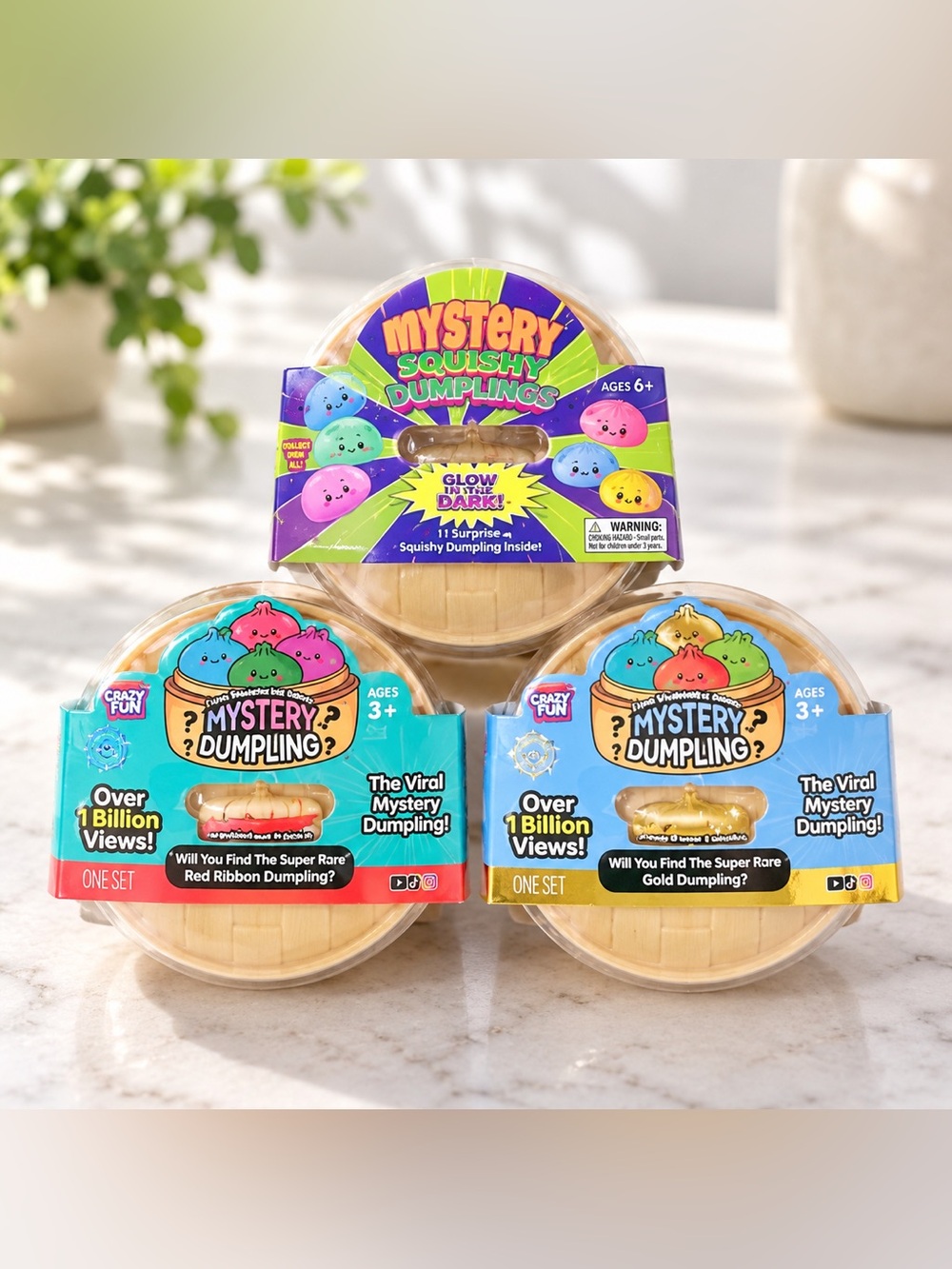 Mystery Squishy Mini Dumplings 3pc Bundle Red Ribbon, Gold, Glow In The Dark